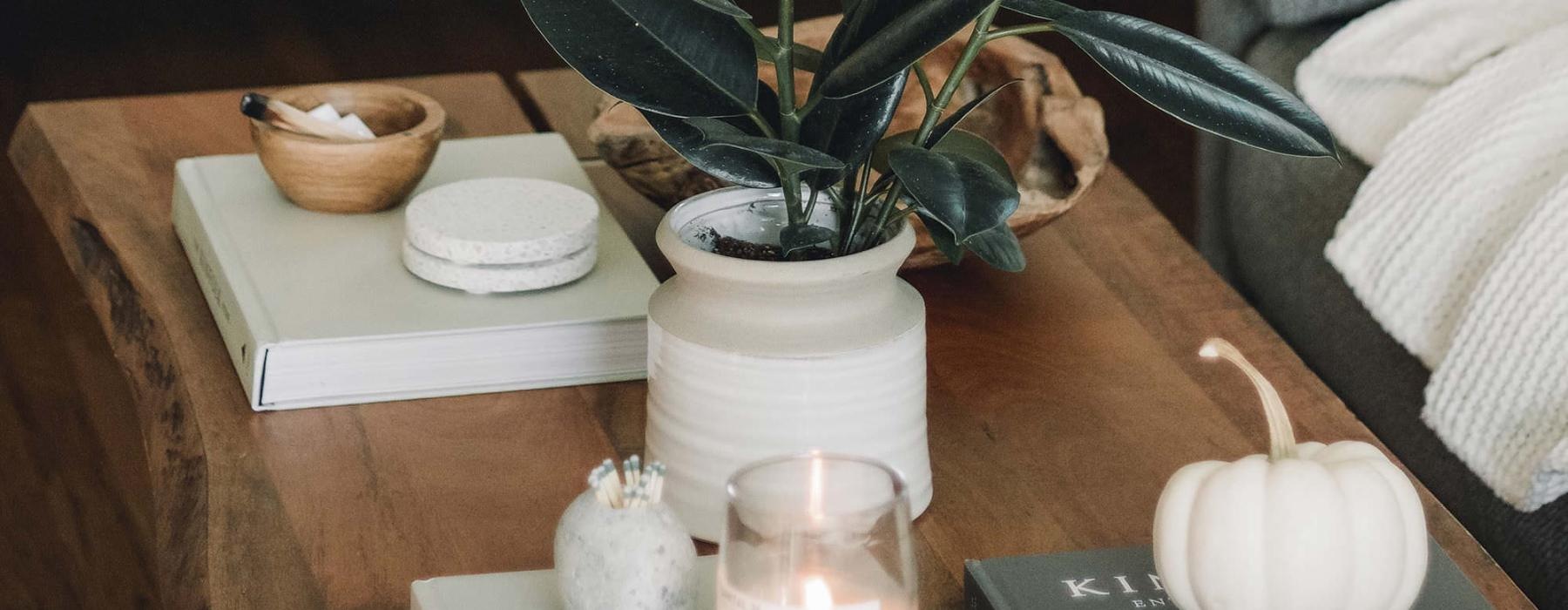 coffee table decorated with books, a potted plant, a candle and other knick-knacks